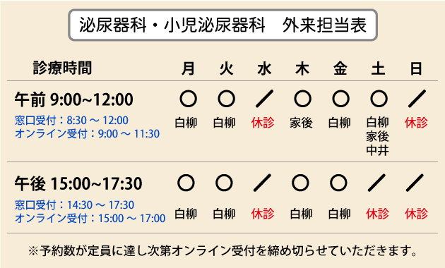 泌尿器科・小児泌尿器科 外来医師担当表
